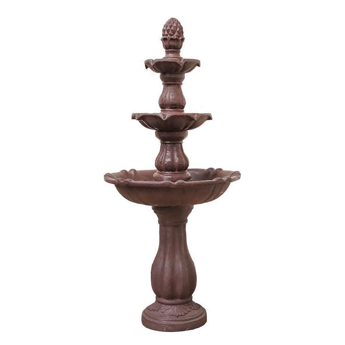 A 3-tier bird bath fountain in rust colour.