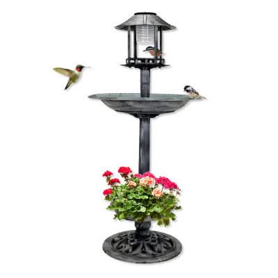 A tall bird bath with feeder and light.