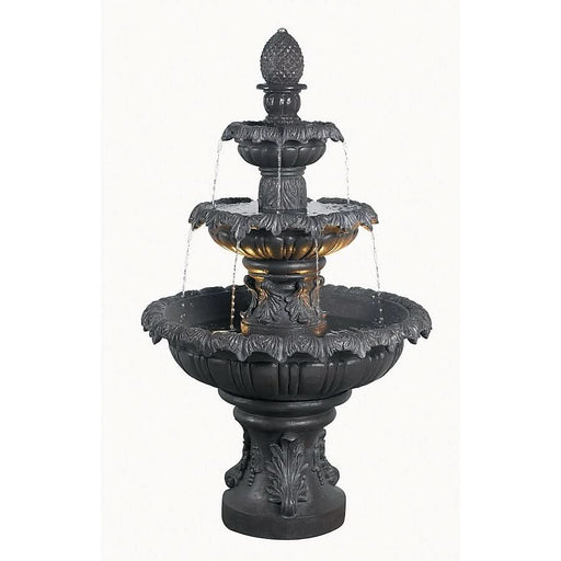 3-tier water fountain with ornate detailing and pineapple finial
