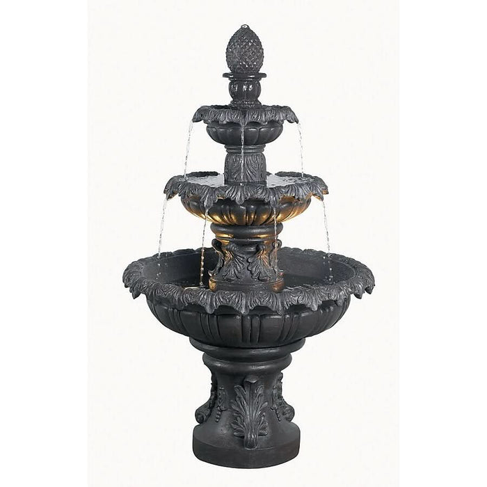 3-tier water fountain with ornate detailing and pineapple finial