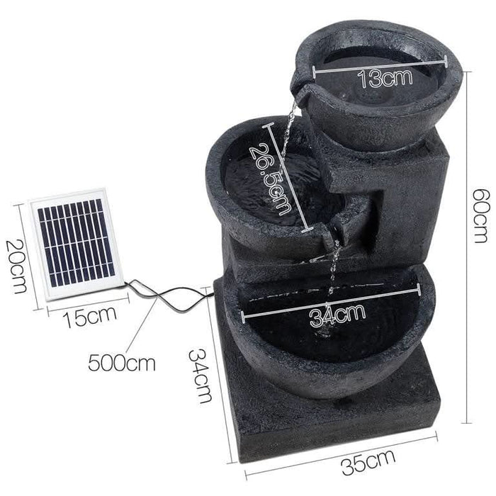 Solar Powered 3-Tier Bowls Water Fountain w/ LED - 60cm