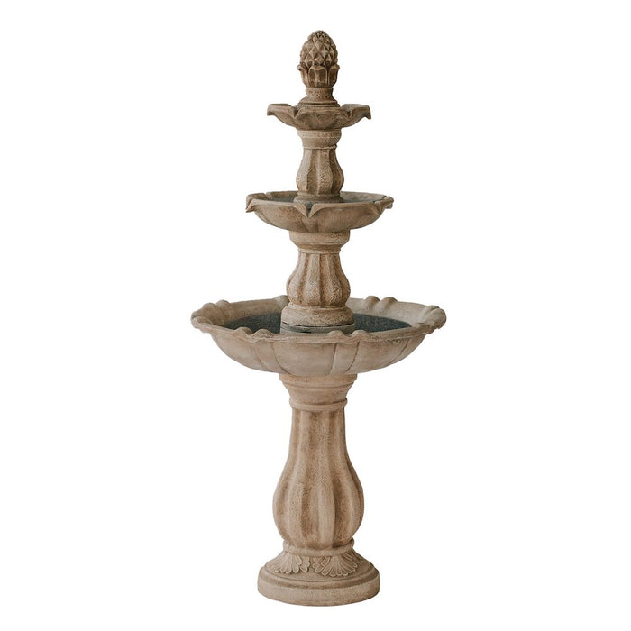 A 3-tier bird bath fountain in sandstone colour.