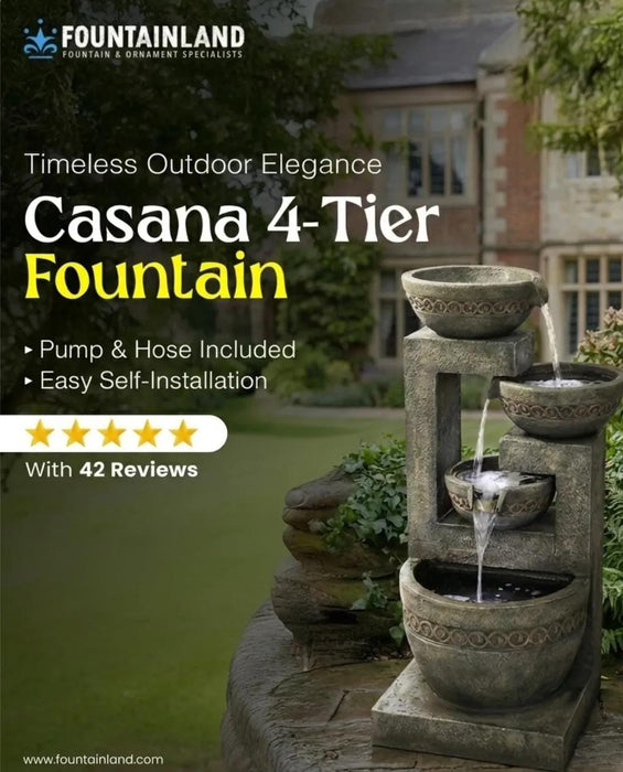 Casana 4-tier fountain with pump and hose included, shown outdoors.
