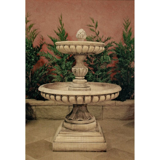 A 2-tier concrete fountain with a pine cone topper.