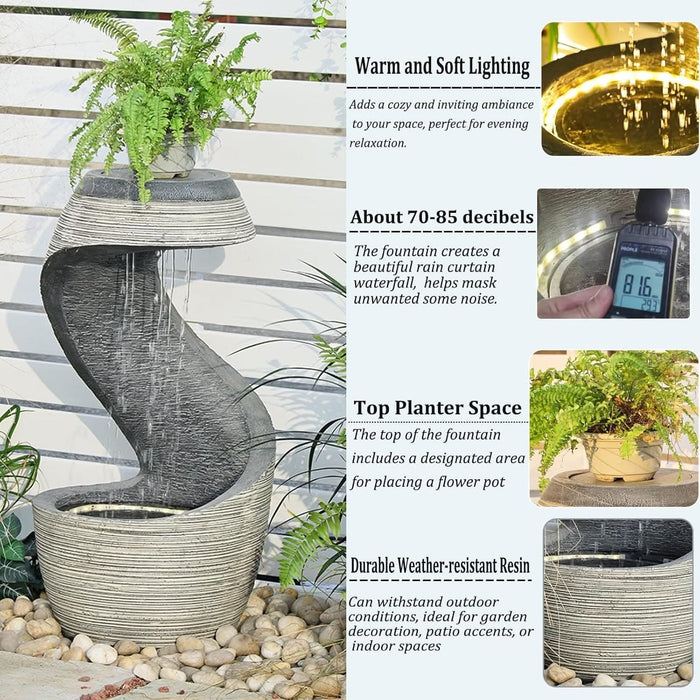 Infographic featuring the Isara Rain Curtain Fountain with fern planter, highlighting features such as warm LED lighting, 70–85 dB sound output, a top planter space, and durable weather-resistant resin for outdoor and indoor use.