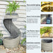 Infographic featuring the Isara Rain Curtain Fountain with fern planter, highlighting features such as warm LED lighting, 70–85 dB sound output, a top planter space, and durable weather-resistant resin for outdoor and indoor use.