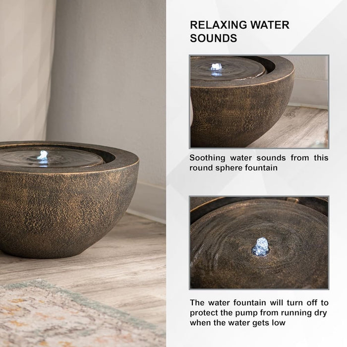 Features of a bronze bowl fountain.