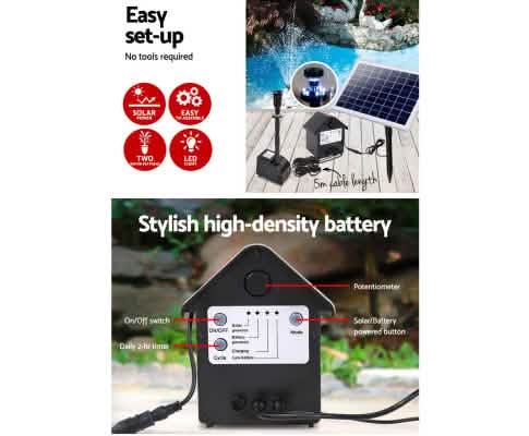 Solar Fountain & Pond Pump w/ Panel & Battery - 800LPH