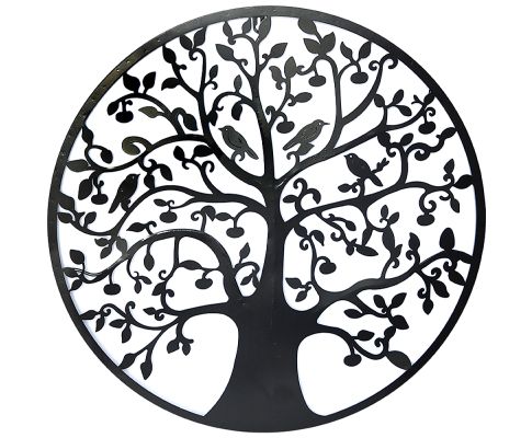 Metal wall art with tree design front view.